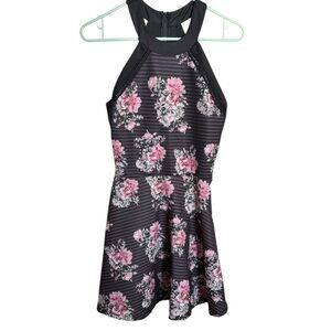 CRYSTAL DOLL Junior Girl's Halter Floral Black Mauve Skater Dress Size 3 NEW